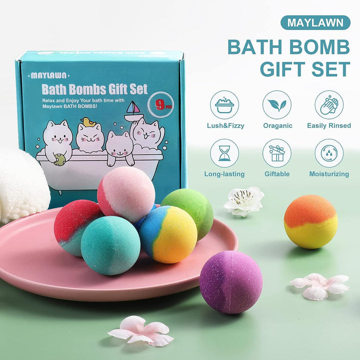 Bath Bombs Gift Set, Vegan & Cruelty Free, Ideal Present for Women, Girls, Birthday Mothers Day Gifts Idea, 9-Pieces Handmade Fizzy Bubble Bath Bombs
