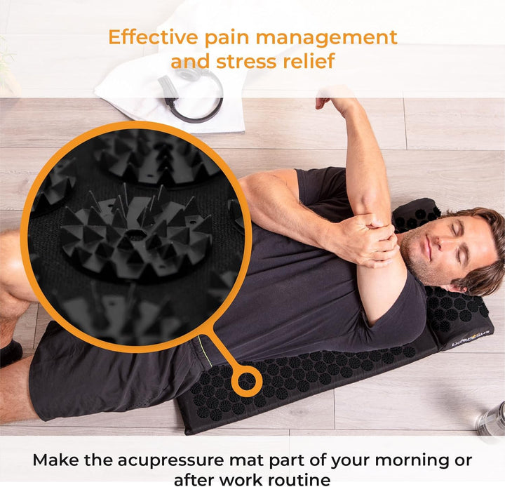 Acupressure Mat & Pillow Set with Travel Bag - Cushioned Spike Acupuncture Massage Mat for Back, Neck & Shoulder Pain Relief - Easing Muscle Tension & Stress (Black & Black)