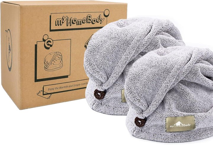 Hair Towel Wrap, Luxury Rapid-Dry Hair-Drying Turban, Ultra Soft and Quick Drying Absorbent Charcoal Fiber, with Coconut Shell Button - Gray