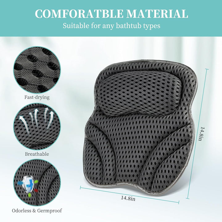 Bath Pillow Neck Back Support - Cushion for Women Men Spa Gifts Luxury Waterproof 4D Mesh Bathtub Pillows with 6 Non-Slip Suction (37×38)