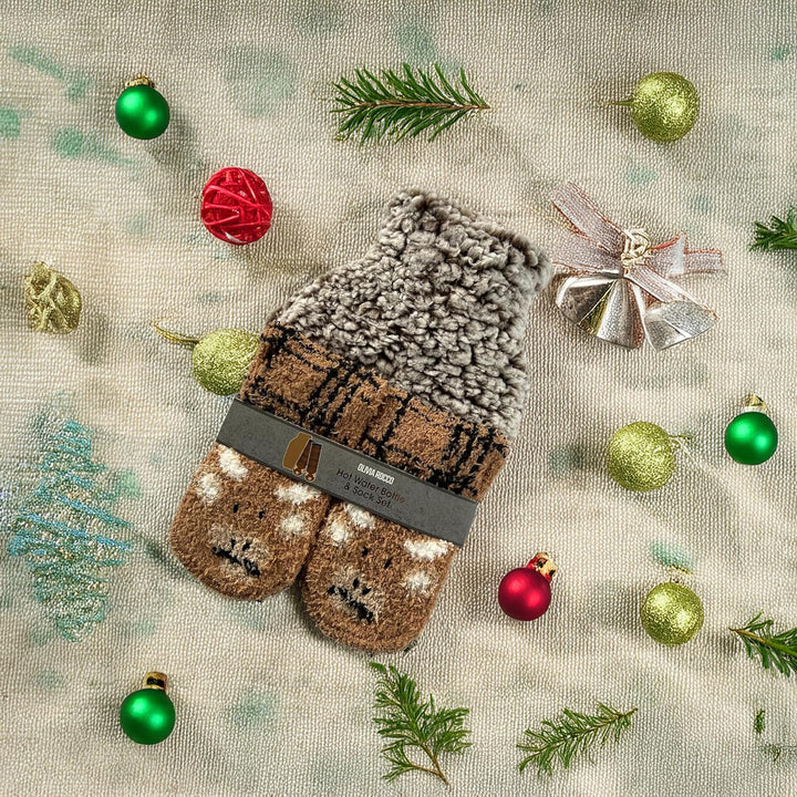 Hot Water Bottle & Socks Set Animal Design with Cover 1L Natural Rubber Thermotherapy Long Lasting Warm Winter Gift, Highland Cow