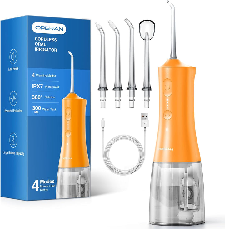 Water Dental Flosser for Teeth Cordless, 300ML Rechargeable Oral Irrigator with 4 Modes, Water Flossers for Adults, IPX7 Waterproof, Use at Home/Travel, Black，1 Pack + 4 Nozzles
