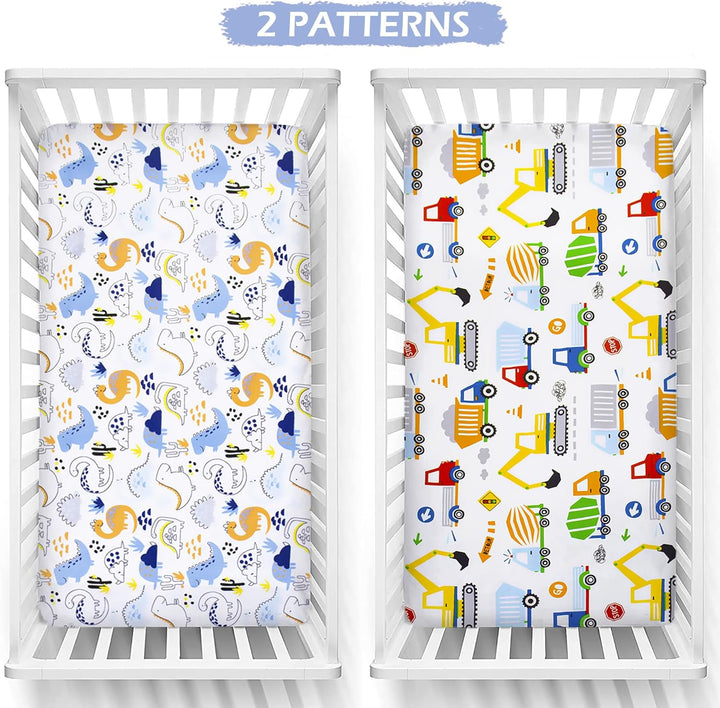 2 Pack Cot Bed Fitted Sheets 140 X 70Cm for Girl Boys | Bedding for Cot Bed | Easy Care Soft Cotton and Dureable, Unique Car & Dinosaur Pattern Baby Crib Sheets