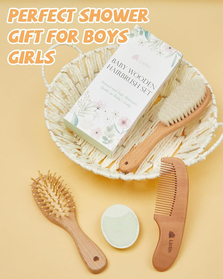 Baby Hair Brush and Comb Set, 4 Pcs Newborn Hair Brush with Soft Bristle, Natural Goat Hair and Wood Baby Cradle Cap Comb for Newborns & Toddlers, Newborn Baby Essentials