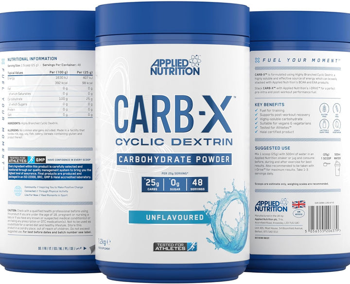 Carb X Highly Branched Cyclic Dextrin Carbohydrates, Intra & Post Workout Carbs Powder, Fuel Training & Recovery, Vegan, Gluten Free, Sugar Free, 1.2Kg 48 Servings (Unflavoured)