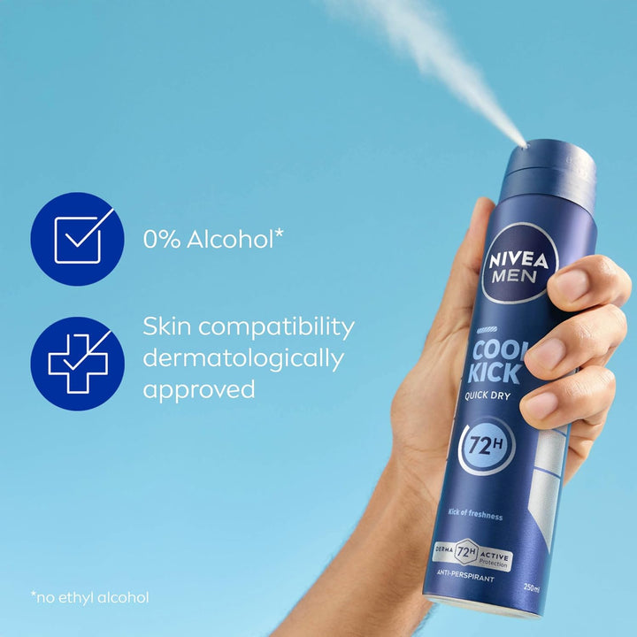 Cool Kick Spray Anti-Perspirant (250Ml), Deodorant Spray for 72H Protection, Men'S Sweat Block Aerosol with Cool-Care Formula