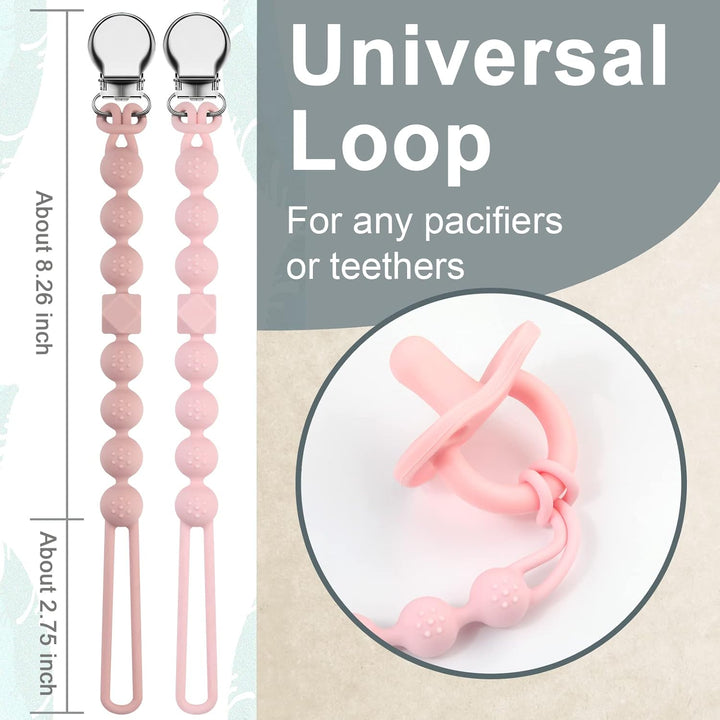Dummy Clips Boys Girls Silicone Soother Pacifier Chain Flexible Binky Holder Set with Texture for Teething Baby Unisex Newborn Dummies 1-Piece Design(Quartz Pink)