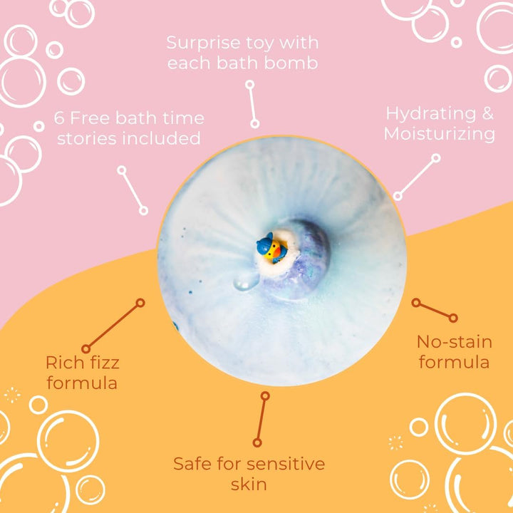 6Pcs Kids Bath Bombs Set with 6 Toys & 2 Rubber Ducks – Fun Bath Bombs for Kids with Surprise Toys inside & 6 Bathtime Stories – Safe for Sensitive Skin & Birthday Gift for Boys & Girls