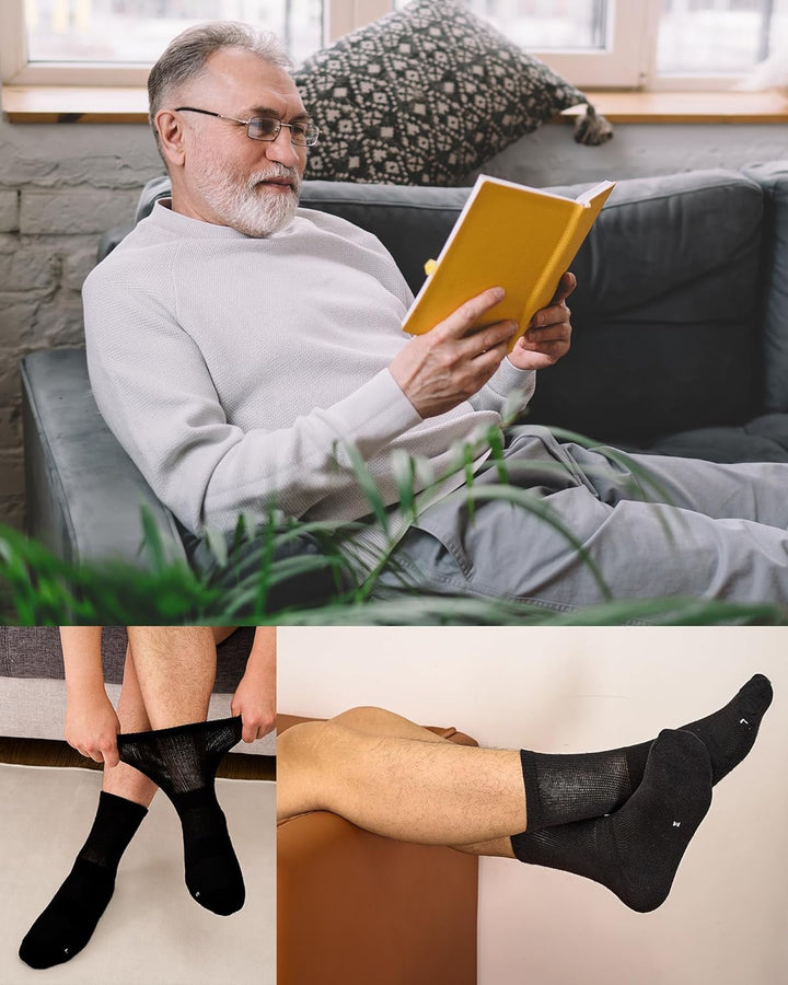 Bamboo Diabetic Socks for Men, Soft Top Cushioned Seamless Socks for Swollen Feet and Ankles, Loose Top Hospital Socks 3 Pairs