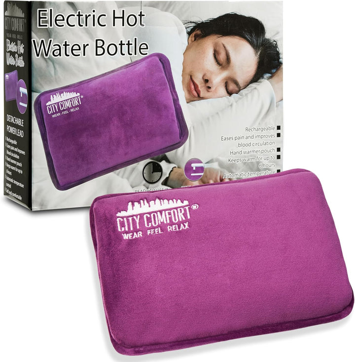 Rechargeable Electric Hot Water Bottle Heat Pad 6 Hour Warmth Temperature Control Detachable Lead Cosy Bed Warmer Hand Warmer Pouch Gifts (Purple)