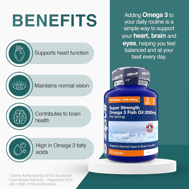 Omega 3 Fish Oil 2000Mg, EPA 660Mg DHA 440Mg per Daily Serving. 120 Capsules (2 Months Supply). Supports Heart, Brain Function and Eye Health. 2 Capsules per Serving
