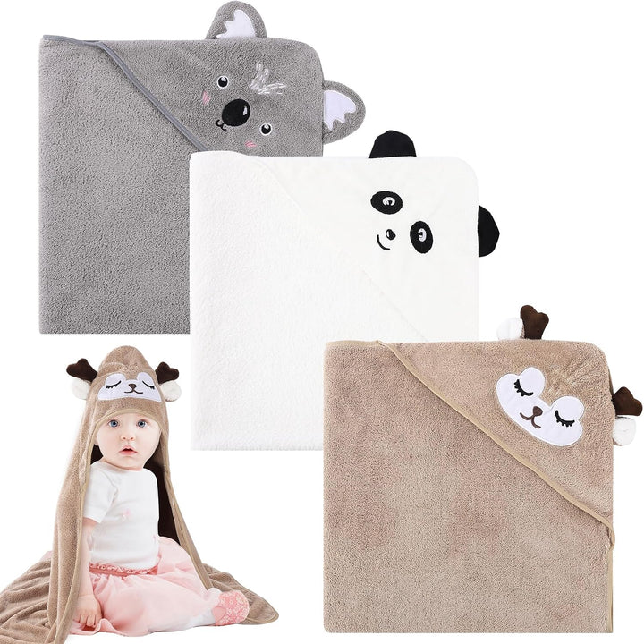 3 Pcs Hooded Baby Towel Set, Ultra Soft Baby Towels Newborn with Hood, Toddler Bath Towel, Cute Animal Design Absorbent Baby Bath Towels for Newborn Baby Boys and Girls, 80X80Cm