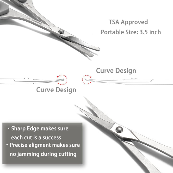 Ultra Sharp Beard Scissor Set, High Precision Straight Curved round Tip Mustache Facial Nose Hair Trimming Tool, Stainless Steel, Safety Case, Premium Leather Pouch