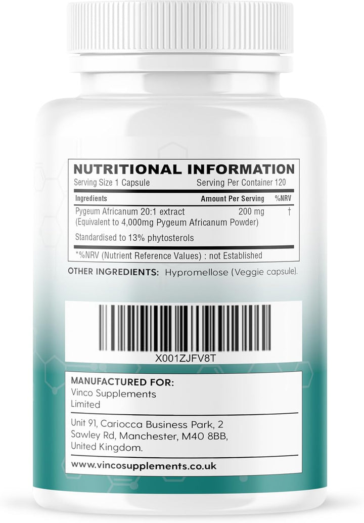 Vinco Pygeum Africanum 4,000Mg Equivalent - 200Mg of 20:1 Extract - 120 High Strength Capsules - 13% Phytosterols - Prostrate Health Supplement - Non-Gmo & Gluten Free – Made in UK