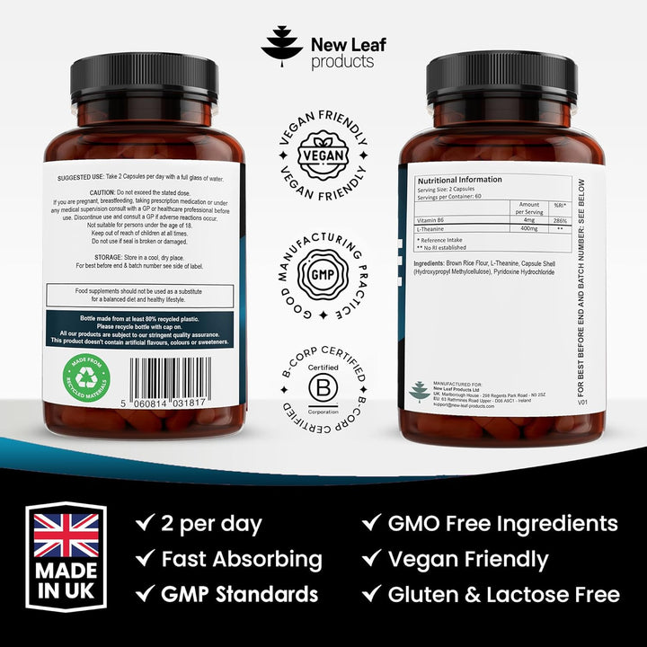 L Theanine Enriched with Vitamin B6 - High Strength L Theanine 400Mg Natural Nootropics from Green Tea - 120 Vegan L-Theanine Capsules - Made in the UK Theanine Supplements by New Leaf