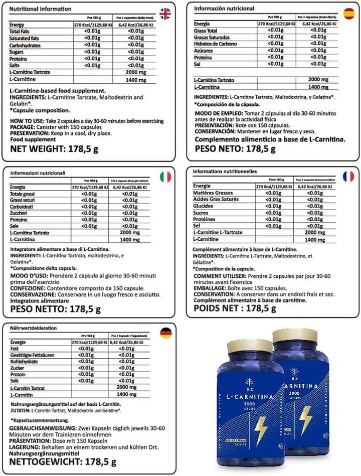 Natural L CARNITINE 2000Mg 150 Capsules 75 Days (Only 2 Capsules per Day) High Concentration Improves Sports Performance. Weight Loss, Energy Resistance. CE Manufactured.