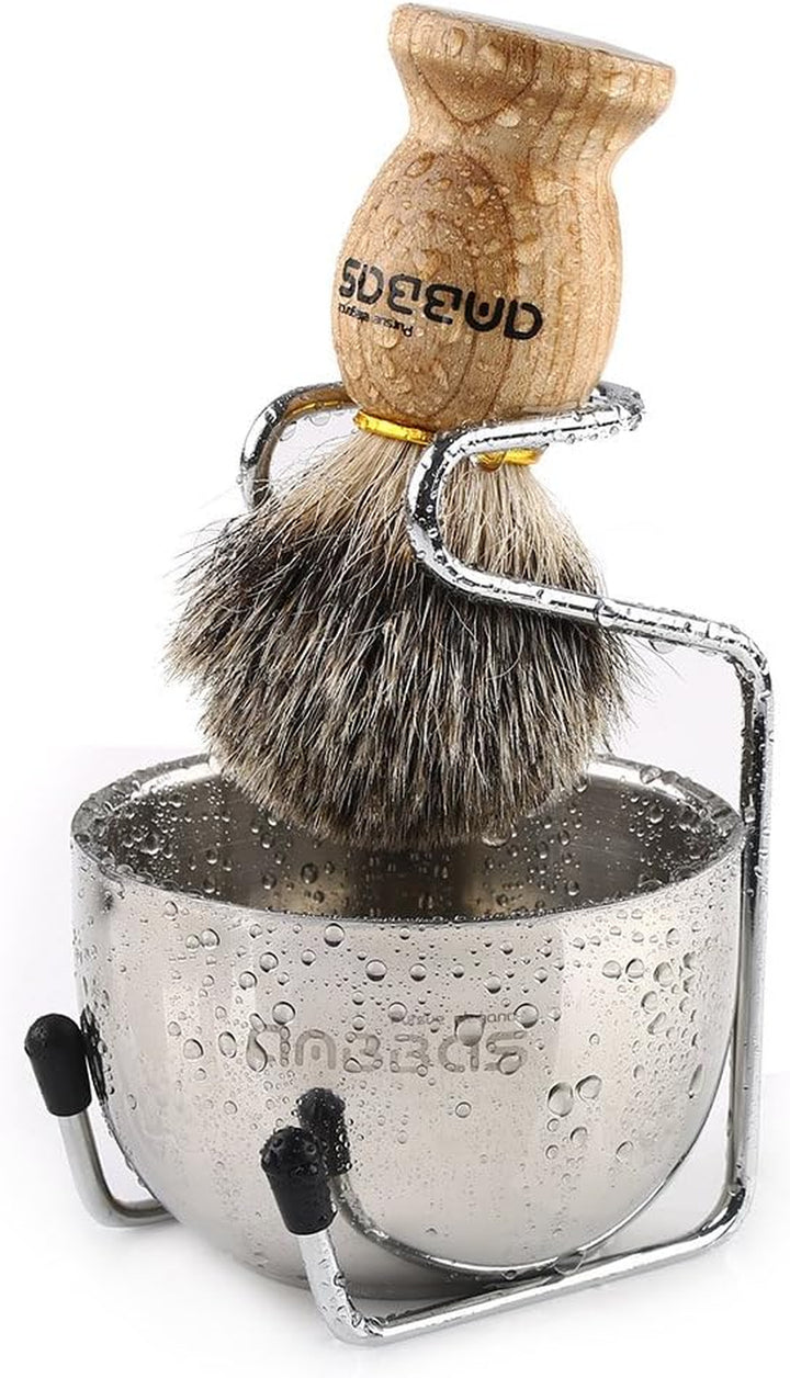 Pure Badger Shaving Brush with Wood Handle,Stainless Steel Shaving Stand and Shaving Soap Bowl Perfect for Men Wet Shave