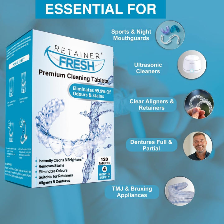 Retainer Cleaner Tablets - 120 Tablets 4 Month  - Retainer Cleaning Tablets, Mouth Guard Cleaner, Denture Cleaner, Aligner Cleaner, Brite Retainer Tablets