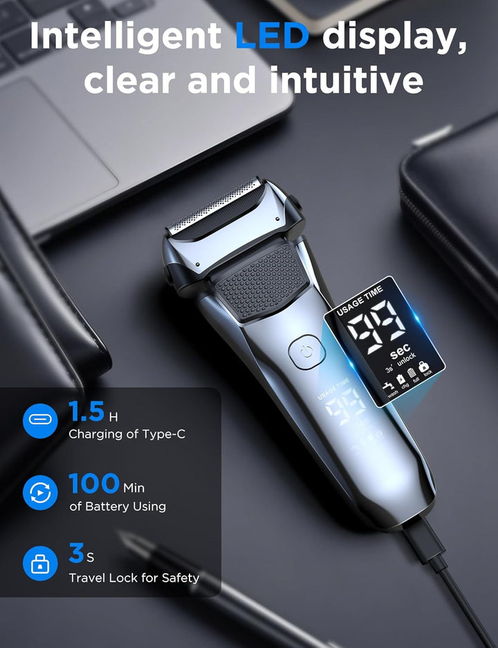 Shavers for Men,Foil Shaver with Floating Blade,100% Waterproof Electric Razor for Men,Precision Beard Trimmer, Rechargeable Electric Shaver 100-Min Cordless,Smart Led,Travel Lock