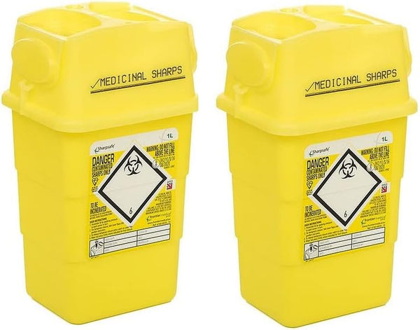 2X 1L Medical Sharps Bins - Disposable Syringe/Needle Biohazard Tubs