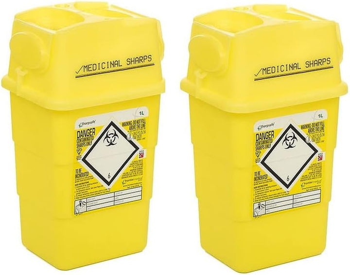 2X 1L Medical Sharps Bins - Disposable Syringe/Needle Biohazard Tubs