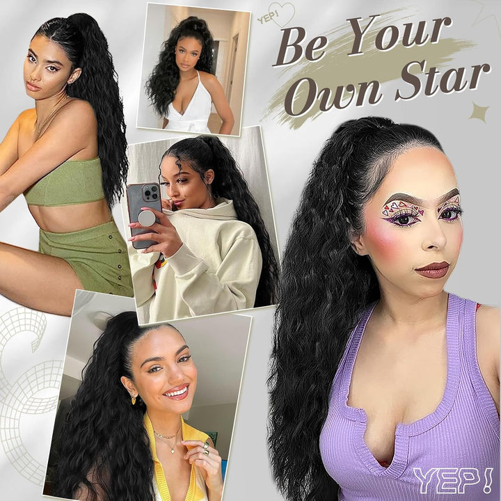 Ponytail Extension, Black Hair Claw Clip in Extensions Long Curly Wavy Hairpieces Drawstring for Natural Soft Synthetic Daily Use Party (18'', Black), 18 Inch