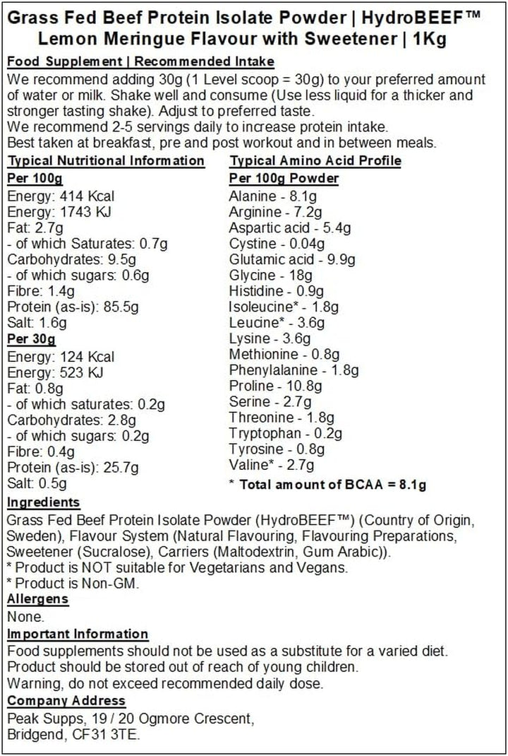 Grass Fed Beef Protein Isolate 95% - Hydrobeef™ | Lemon Meringue Flavour (1Kg)