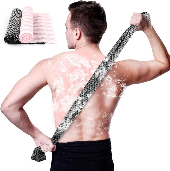 2 Pcs Long Exfoliating Washcloth, Extra Long Exfoliating Body Towel, Deep Exfoliating Towel Natural Body Exfoliator Bath Scrub Loofah, Cleaning Dirt and Dead Skin for Men Women (Black+Blue Grid)