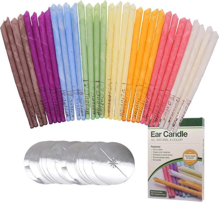 Ear Candles 32Pcs Natural Ear Candles Beeswax Candling Cones,With 16 Protective Disks，Ear Wax Remover Candles Kit with Natural Organic Beeswax (32 Pcs)