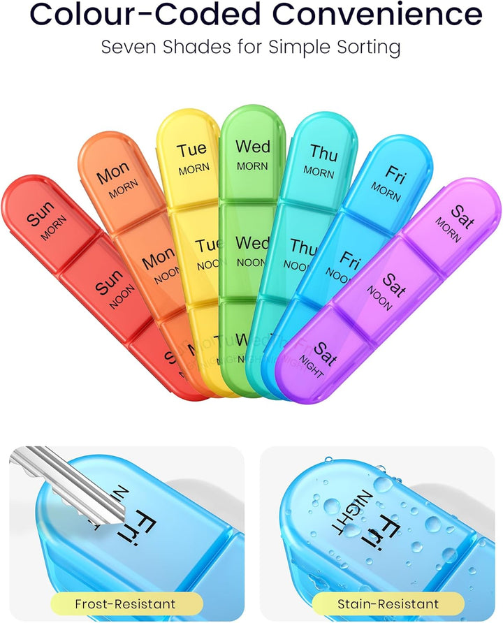 Weekly Pill Box 7 Day 3 Times a Day (Morn/Noon/Night), Daily Portable Travel Pill Box Organiser, Tablet Organiser with Large Compartments, Hold for Fish Oils, Vitamins, Supplements (Black)
