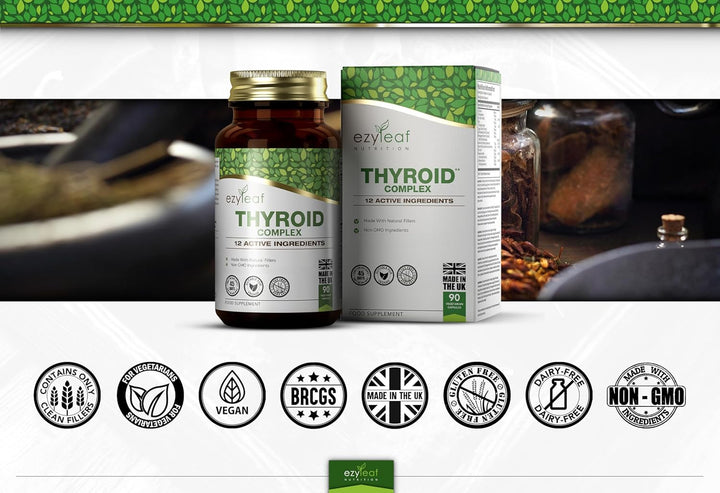 Ezyleaf Thyroid Complex | L Tyrosine Thyroid Support Supplement with Ashwagandha, Iodine, Zinc, Kelp, Sea Moss, Potassium Iodide, Guggul Extract & Selenium | 90 L-Tyrosine Capsules | UK ISO Certified