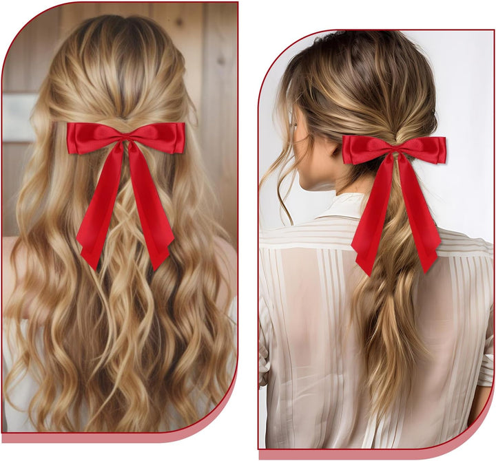2 Pcs Red Hair Bow, Satin Bows Red Hair Ties, Large Double Satin Ribbon Hair Clips Red Accessories for Holiday Party Women Girls Ponytail Holder