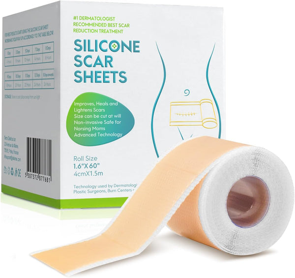Silicone Scar Sheets, 1.6” X 60”Roll-1.5M, Scar Treatment Sheets, Silicone Scar Tape, Reusable, Thin, Flexible, Easy-Tear, for Old & New Scars, C-Section Surgery Scar Keloid Burn Acne