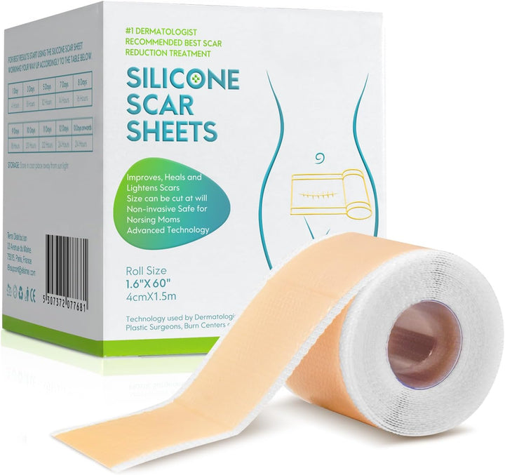 Silicone Scar Sheets, 1.6” X 60”Roll-1.5M, Scar Treatment Sheets, Silicone Scar Tape, Reusable, Thin, Flexible, Easy-Tear, for Old & New Scars, C-Section Surgery Scar Keloid Burn Acne