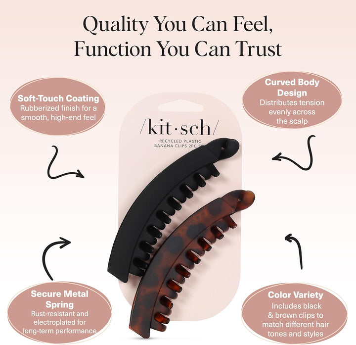 Banana Clip - Secure & Sturdy Large Banana Clips for Women | No Crease, Durable Hair Accessories for Women | Great for Stylish Ponytails & Updo - Black & Tortoise, 2 Pcs