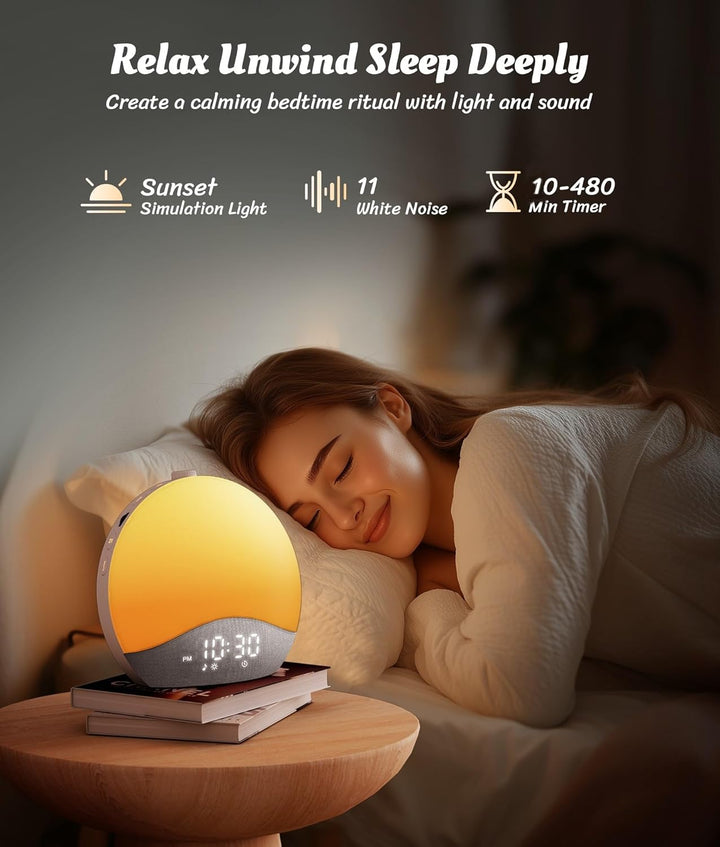 Sunrise Alarm Clock, White Noise Machine, Bluetooth Sync, 26 Sounds, 17 Night Lights, Upgraded Backlit Button, Sunrise/Sunset Simulation, Wake up Light for Heavy Sleeper, Elderly, Kid
