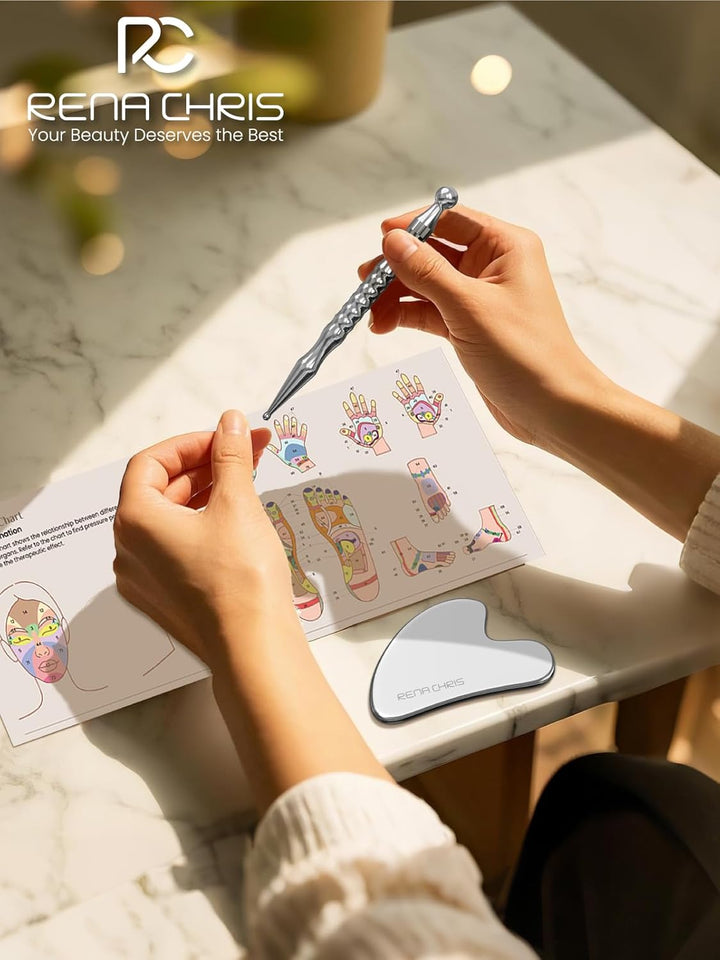 Stainless Steel Gua Sha and Acupuncture Pen, Manual Reflexology Tools for Muscle Tension and Pain Relief, Acupressure Pen and Gua Sha Set with Reflexology Chart, Easy to Use