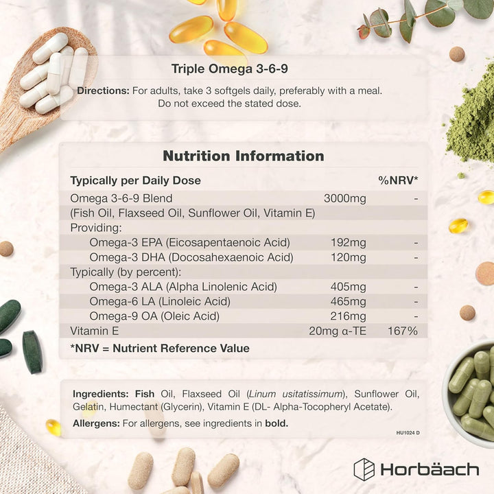 Triple Omega 3 6 9 Capsules 3000Mg ALA, LA & OA | 120 Softgels | High Strength EPA & DHA Essential Fatty Acids | Supplement with Fish Oil, Flaxseed & Sunflower Oil | by