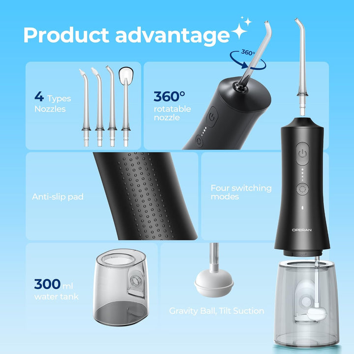 Water Dental Flosser for Teeth Cordless, 300ML Rechargeable Oral Irrigator with 4 Modes, Water Flossers for Adults, IPX7 Waterproof, Use at Home/Travel, Black，1 Pack + 4 Nozzles