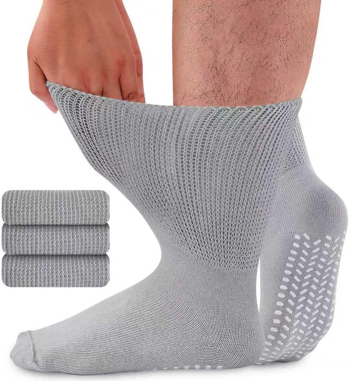 Diabetic Girp Socks for Men Women, 3 Pairs Non Slip Soft Extra Wide Top Sock for Swollen Feet Ankle Leg, 90% Cotton Hospital Breathable Slipper Socks