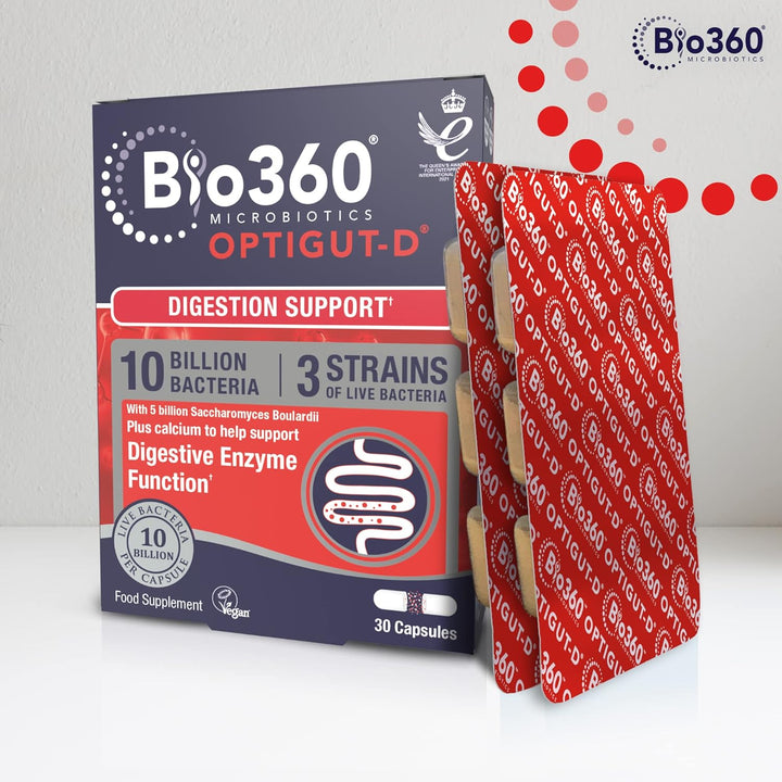 Bio360 Optigut-D Probiotic 10 Billion Live Bacteria - High Strength Vegan Digestive Gut Health Support - Gut Health Supplement for Adults & Kids - Gluten Free, Non-Gmo - 30 Capsules