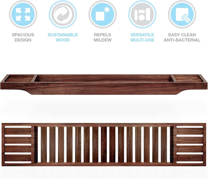 Slimline Acacia Wood Bathtub Caddy Tray Bridge Wooden Bath Rack Bathroom Accessory Bath Shelf over Tub Bathroom Board Storage Shelf Tidy Relax Organiser, 70 X 14.5 X 7.5 Cm - Natural