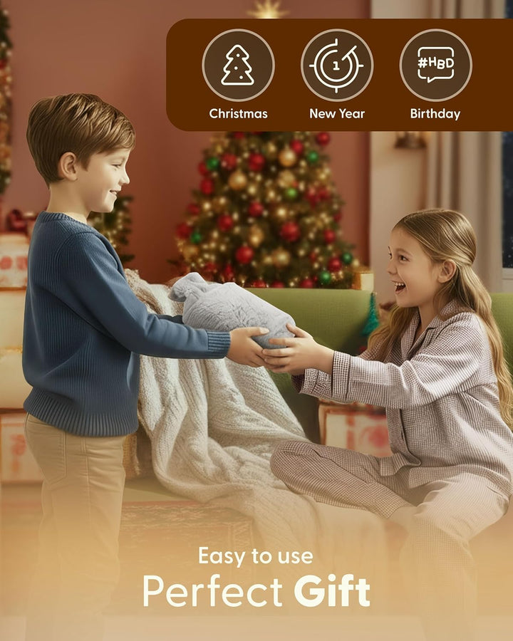 Hot Water Bottle 2L with Soft Faux Fur Cover, Leakproof Natural Rubber, Long Lasting Warmth for Neck, Back & Hands, Fluffy Cosy Design for Men & Women, Winter Comfort - Grey