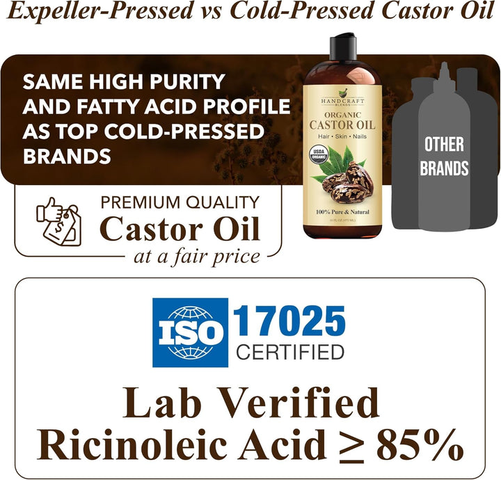 Organic Castor Oil - 473 Ml - 100% Pure and Natural - Premium Grade Carrier Oil for Hair Growth, Eyelashes and Eyebrows - Hair and Body - Expeller-Pressed & Hexane-Free