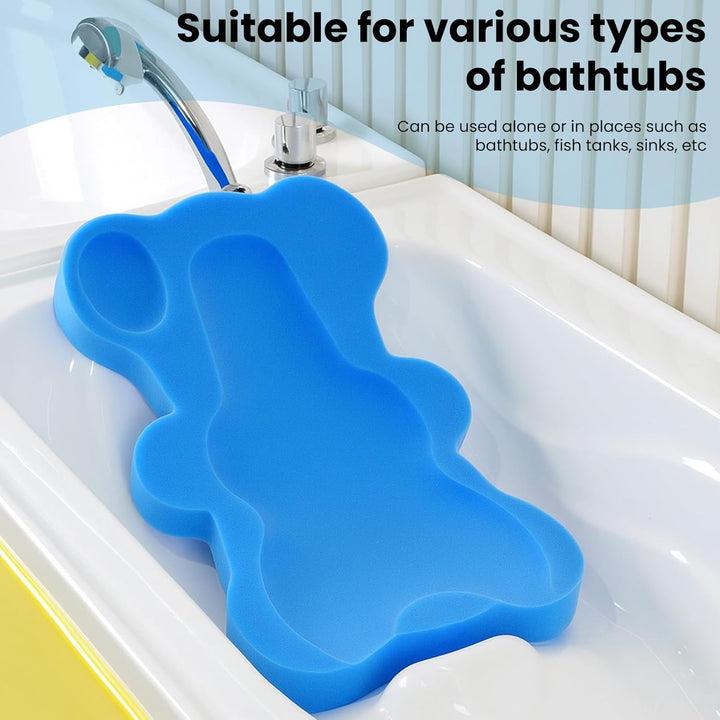 Baby Bath Sponge with Support Pillow, Anti-Slip Foam Baby Bath Cushion & Holder, Antimicrobial Blue Bath Mat for Infant Care & Newborn