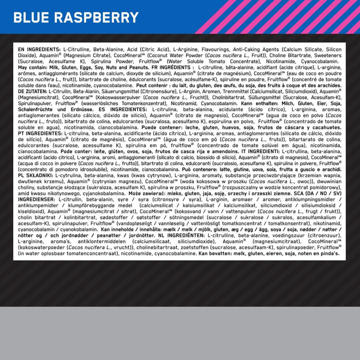 on Platinum Pump Pre-Workout, Intense Caffeine-Free Pre-Workout Food Supplement with Fruitflow, Beta-Alanine, L-Arginine, L-Citrulline, Blue Raspberry Flavour, 20 Servings, 380 G