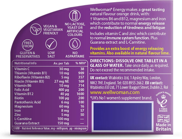 Energy Orange - 10 Dissolving Multivitamins Effervescent Tablets for Woman, Natural Orange Flavour,