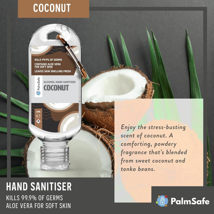 Coconut 60Ml anti Bacterial Premium Hand Sanitiser Travel Size Refillable Clip Bottle Quick Drying Non Sticky Extra Moisturising Kills 99.9% of Viruses and Bacteria