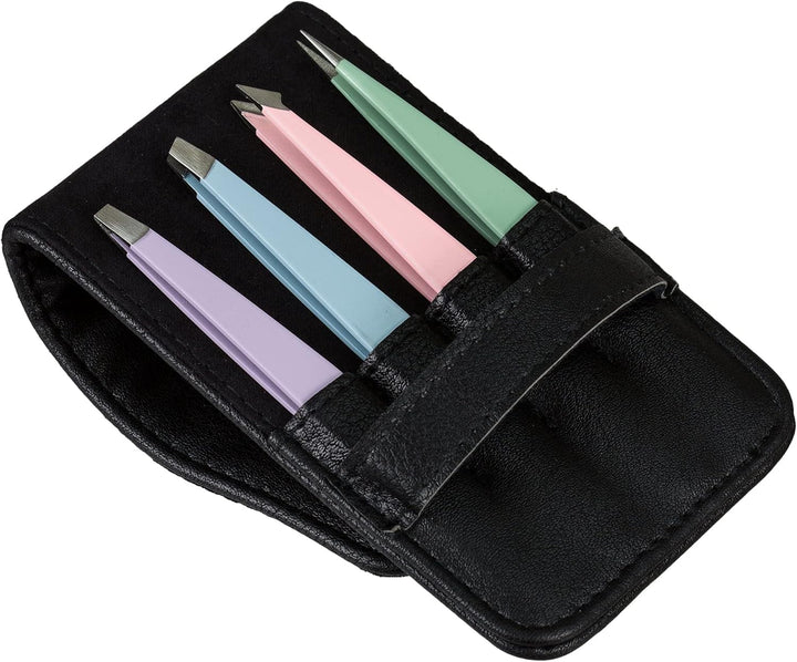 4-Piece Professional Tweezers Set with Case | Stainless Steel | Best Precision for Eyebrow, Splinter & Ingrown Hair Removal | Includes: Slant, Point, Straight, & Point/Slant