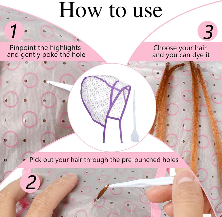 12 Pcs 4 Sets of Highlight Cap with Hooks, Hair Highlighting Caps, Highlight Hair Coloring Frosting Dye Kit for Salon Hair Dyeing Hairdressing (Purple+Pink)